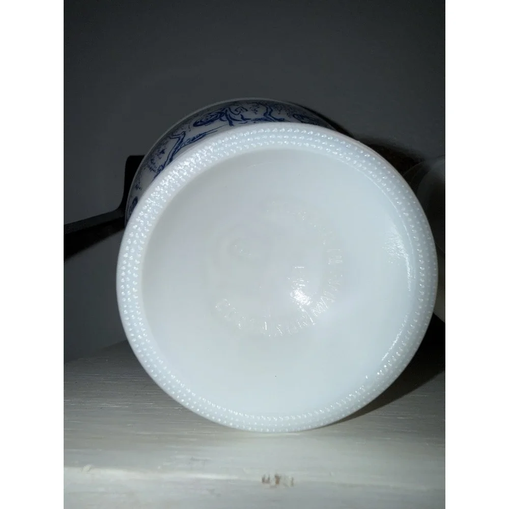 Vintage Milk Glass Lidded Footed Candy Dish Blue Asian Scene Made in Belgium